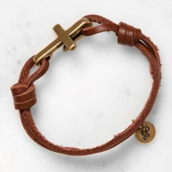 New Plunder "Selene" Leather Antique Gold Cross Cuff Bracelet (7") - Picture 4 of 5